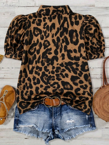 1pc Leopard Print Polyester Blouse, Buttonless, Suitable For Holiday, Office, Home, Birthday Party, Spring & Autumn Vacation Summer