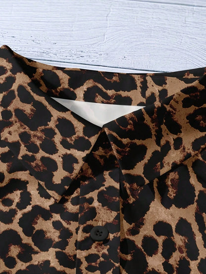 1pc Leopard Print Polyester Blouse, Buttonless, Suitable For Holiday, Office, Home, Birthday Party, Spring & Autumn Vacation Summer