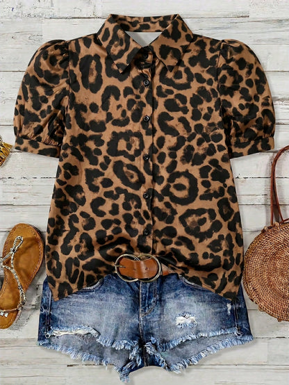 1pc Leopard Print Polyester Blouse, Buttonless, Suitable For Holiday, Office, Home, Birthday Party, Spring & Autumn Vacation Summer