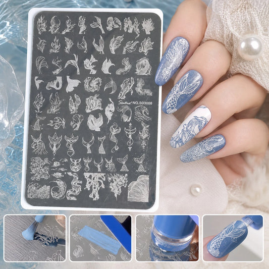1pc Mermaid Princess, Mermaid Tail Fish Scale Wave, Ocean Wave Shell Conch, Coral Dragon Scale Anchor Decor, Ocean Theme Engraved Steel Plate, Clear Transfer 3D Embossed, Fresh Versatile Delicate Exqu