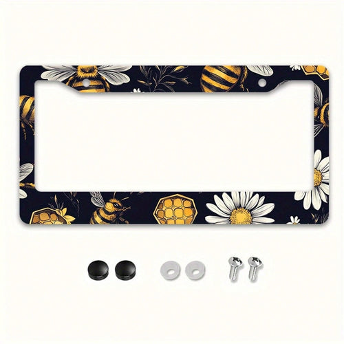 1pc Metal License Plate Frame, Bee And Floral Pattern, Suitable For US And Most International Vehicles, Includes Mounting Screws, Car Decoration Accessory, Perfectly Displays Spring Vitality, 12x6inch