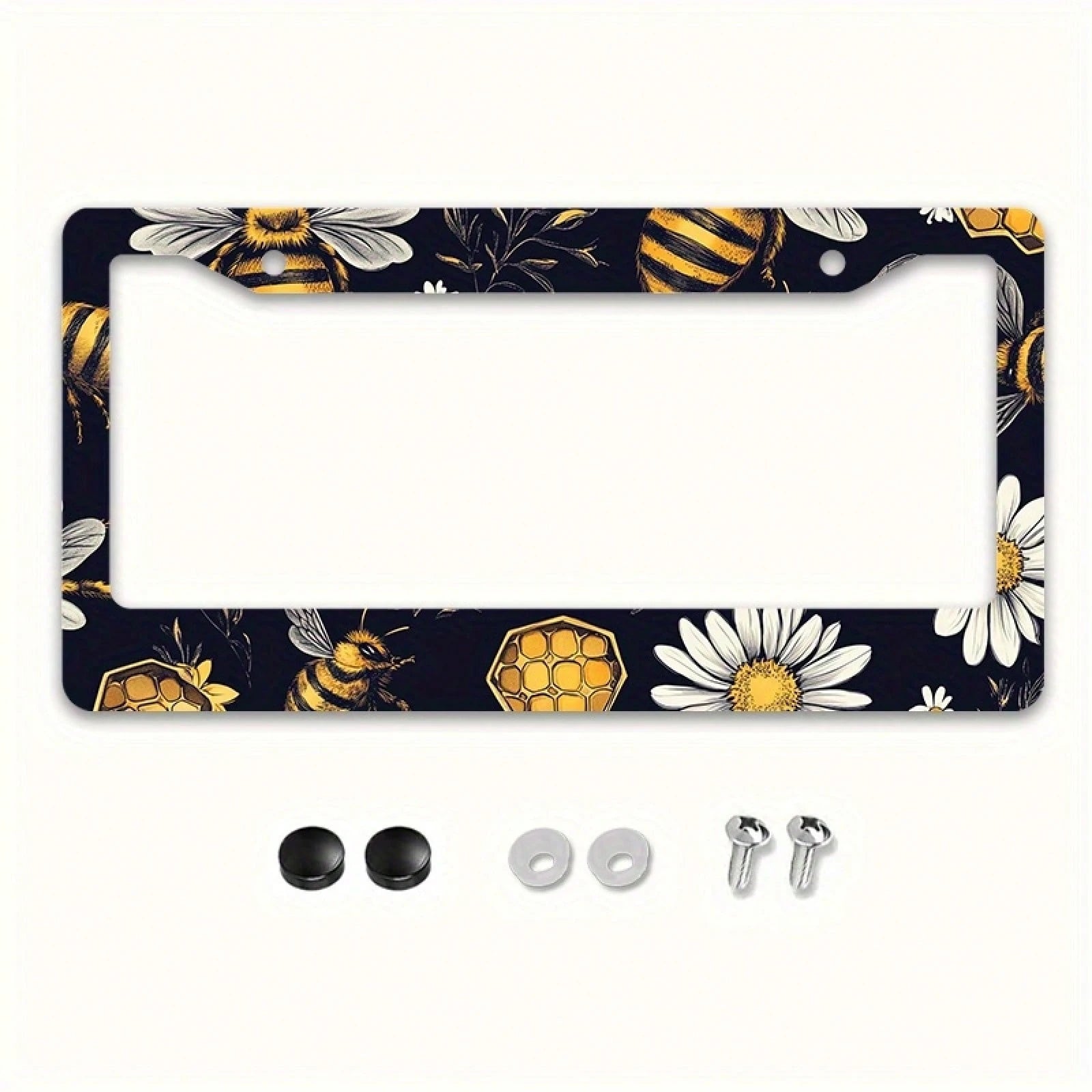 1pc Metal License Plate Frame, Bee And Floral Pattern, Suitable For US And Most International Vehicles, Includes Mounting Screws, Car Decoration Accessory, Perfectly Displays Spring Vitality, 12x6inch