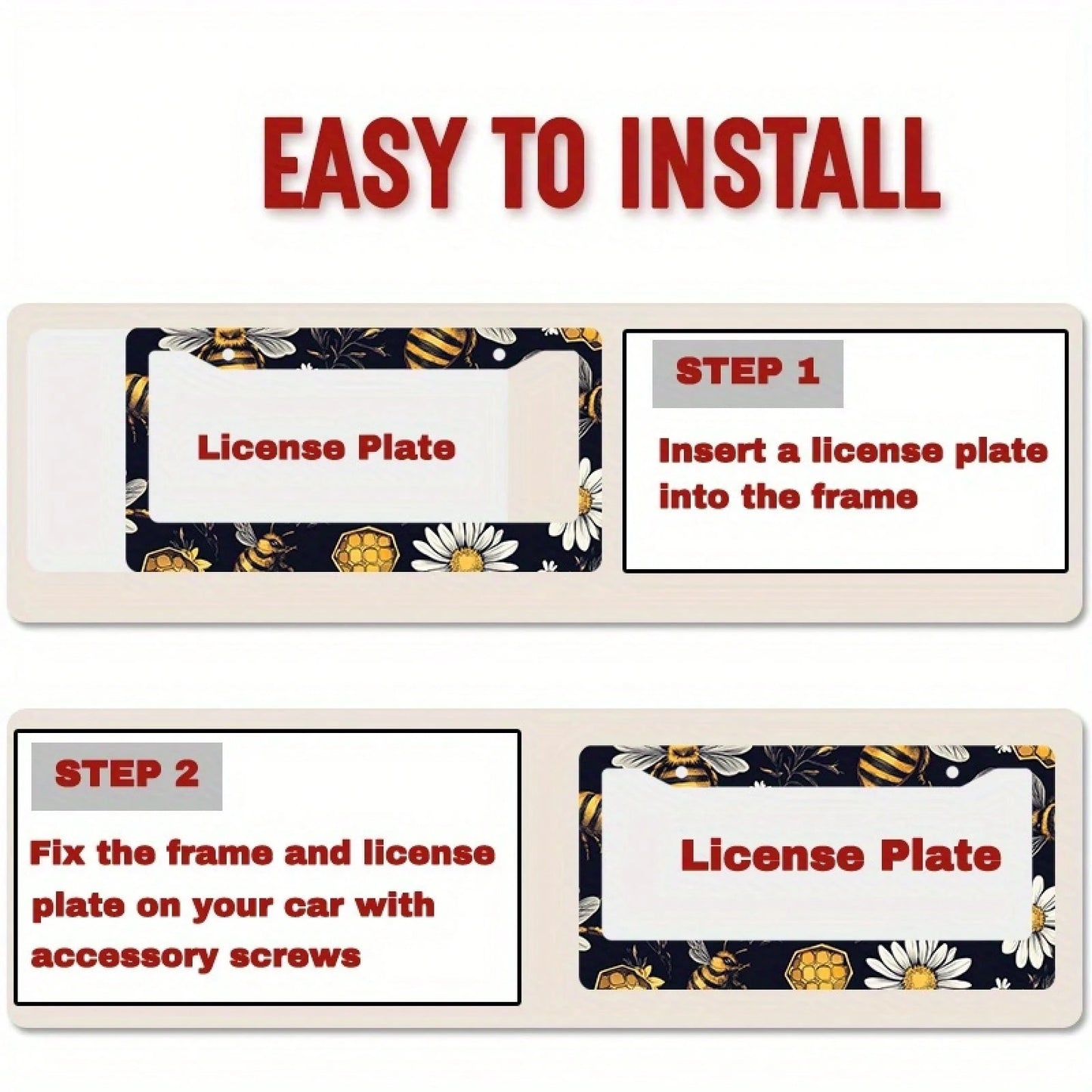 1pc Metal License Plate Frame, Bee And Floral Pattern, Suitable For US And Most International Vehicles, Includes Mounting Screws, Car Decoration Accessory, Perfectly Displays Spring Vitality, 12x6inch