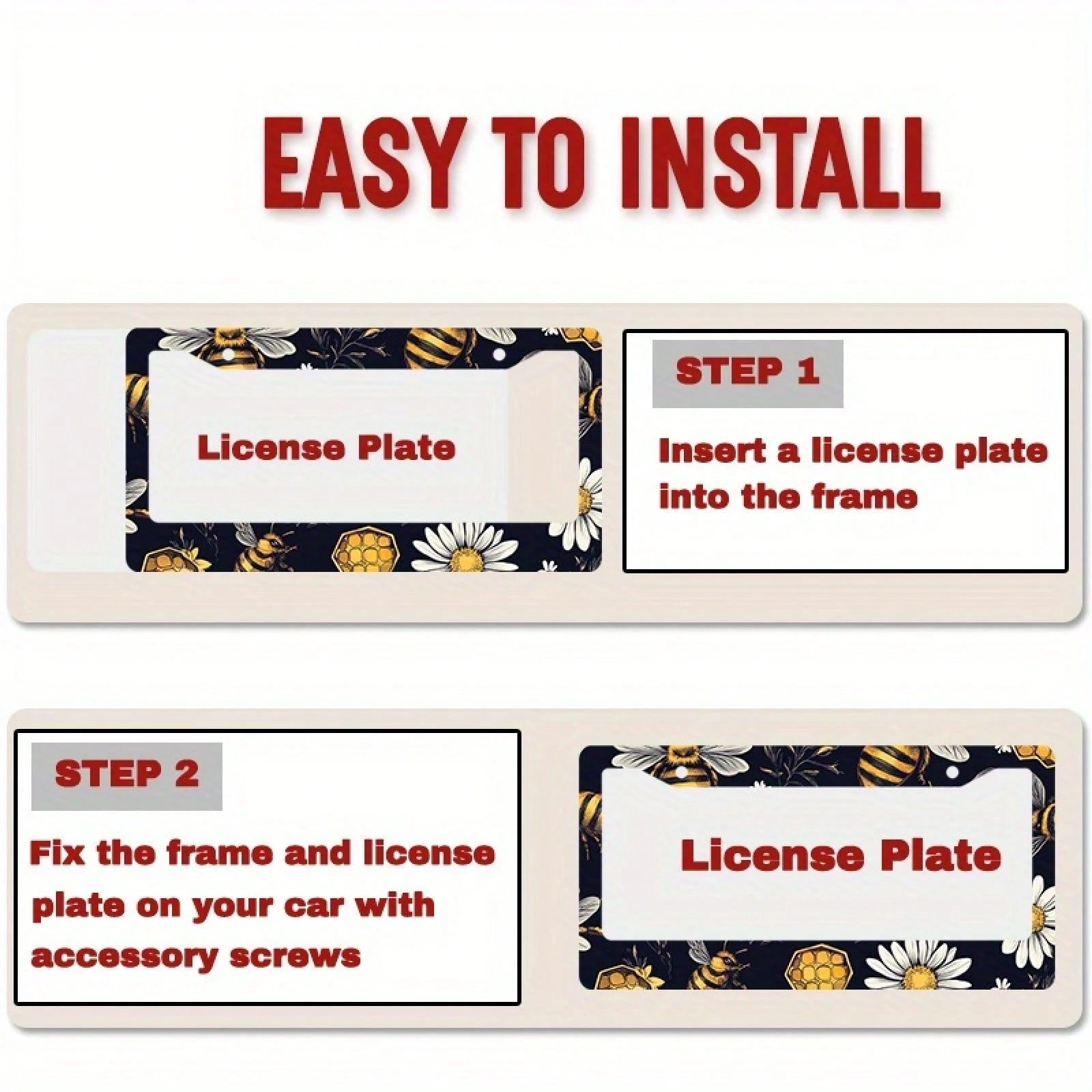 1pc Metal License Plate Frame, Bee And Floral Pattern, Suitable For US And Most International Vehicles, Includes Mounting Screws, Car Decoration Accessory, Perfectly Displays Spring Vitality, 12x6inch