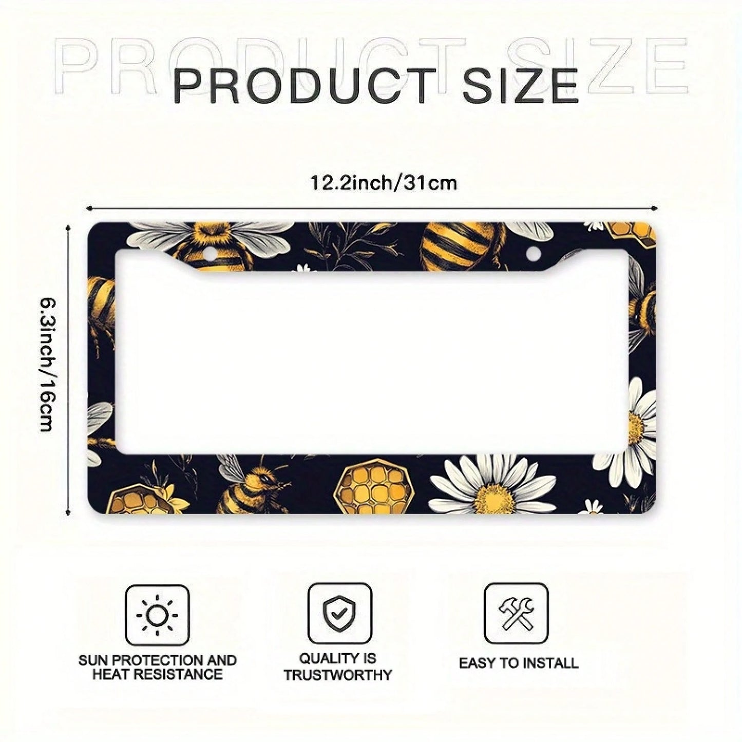 1pc Metal License Plate Frame, Bee And Floral Pattern, Suitable For US And Most International Vehicles, Includes Mounting Screws, Car Decoration Accessory, Perfectly Displays Spring Vitality, 12x6inch
