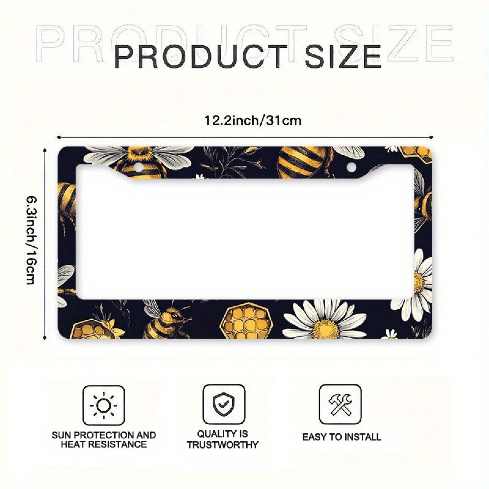 1pc Metal License Plate Frame, Bee And Floral Pattern, Suitable For US And Most International Vehicles, Includes Mounting Screws, Car Decoration Accessory, Perfectly Displays Spring Vitality, 12x6inch