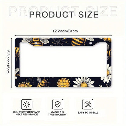 1pc Metal License Plate Frame, Bee And Floral Pattern, Suitable For US And Most International Vehicles, Includes Mounting Screws, Car Decoration Accessory, Perfectly Displays Spring Vitality, 12x6inch