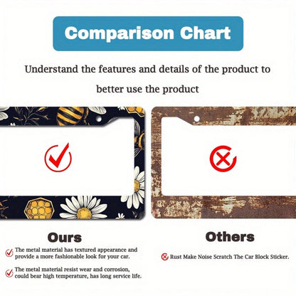 1pc Metal License Plate Frame, Bee And Floral Pattern, Suitable For US And Most International Vehicles, Includes Mounting Screws, Car Decoration Accessory, Perfectly Displays Spring Vitality, 12x6inch
