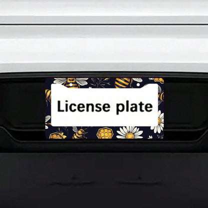 1pc Metal License Plate Frame, Bee And Floral Pattern, Suitable For US And Most International Vehicles, Includes Mounting Screws, Car Decoration Accessory, Perfectly Displays Spring Vitality, 12x6inch
