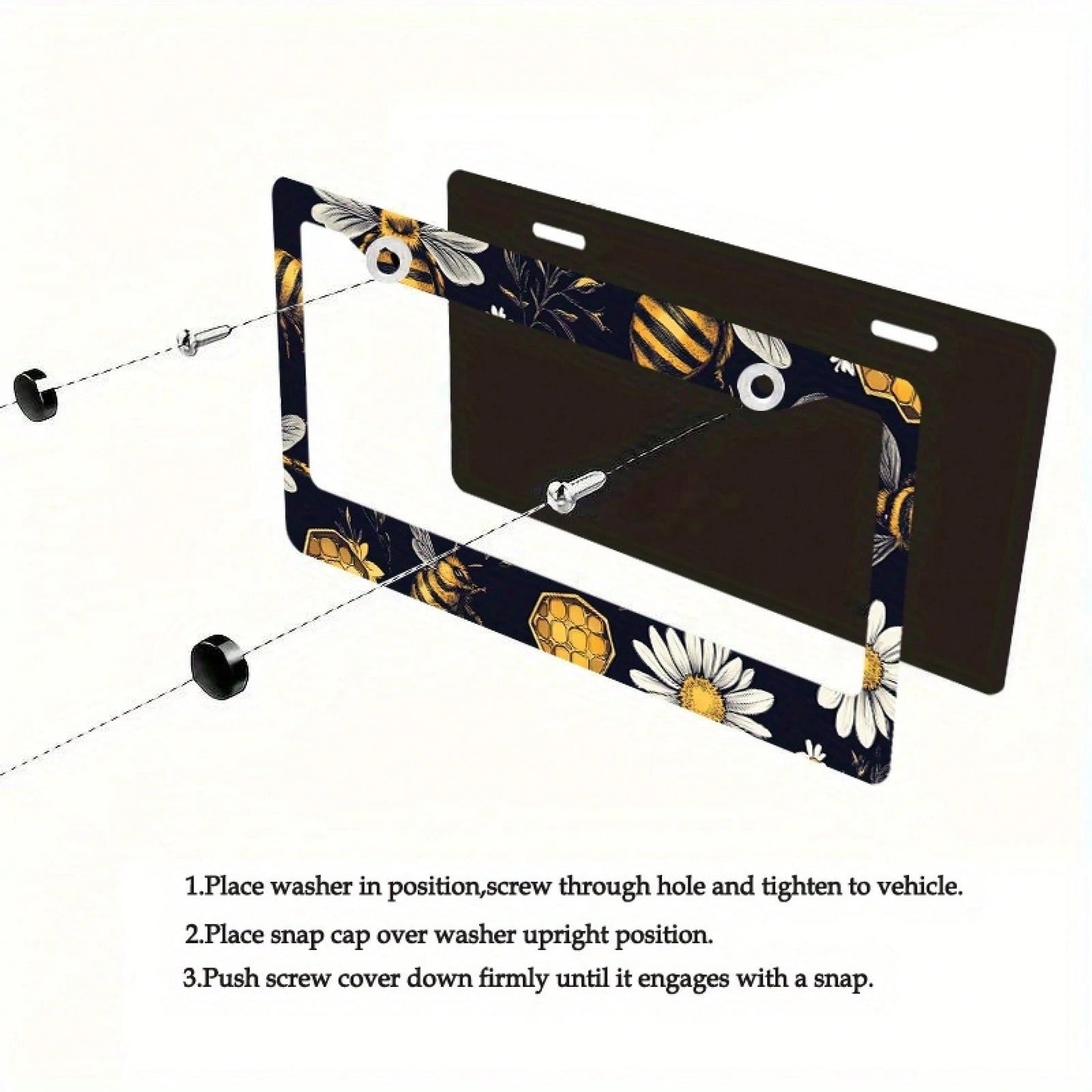 1pc Metal License Plate Frame, Bee And Floral Pattern, Suitable For US And Most International Vehicles, Includes Mounting Screws, Car Decoration Accessory, Perfectly Displays Spring Vitality, 12x6inch