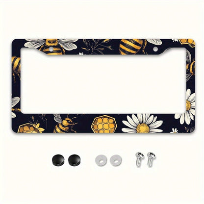 1pc Metal License Plate Frame, Bee And Floral Pattern, Suitable For US And Most International Vehicles, Includes Mounting Screws, Car Decoration Accessory, Perfectly Displays Spring Vitality, 12x6inch