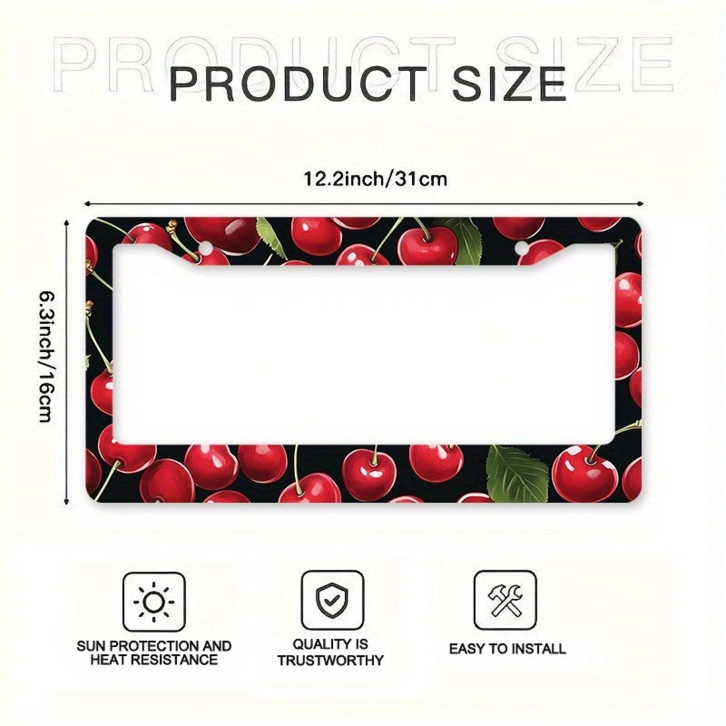 1pc Metal License Plate Frame, Red Cherry Pattern Decoration, Suitable For US And Most International Vehicles, Includes Mounting Screws, Car Decoration Accessory, Perfect For Adding Christmas Atmosphe
