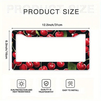 1pc Metal License Plate Frame, Red Cherry Pattern Decoration, Suitable For US And Most International Vehicles, Includes Mounting Screws, Car Decoration Accessory, Perfect For Adding Christmas Atmosphe