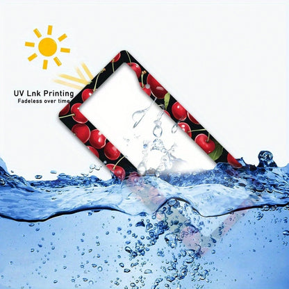 1pc Metal License Plate Frame, Red Cherry Pattern Decoration, Suitable For US And Most International Vehicles, Includes Mounting Screws, Car Decoration Accessory, Perfect For Adding Christmas Atmosphe
