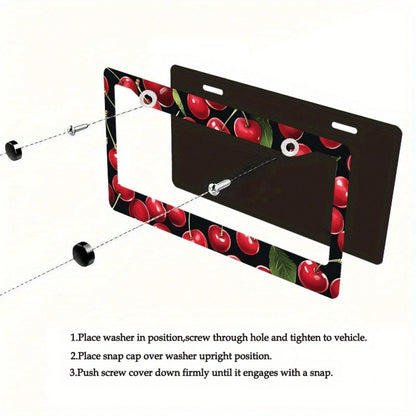 1pc Metal License Plate Frame, Red Cherry Pattern Decoration, Suitable For US And Most International Vehicles, Includes Mounting Screws, Car Decoration Accessory, Perfect For Adding Christmas Atmosphe
