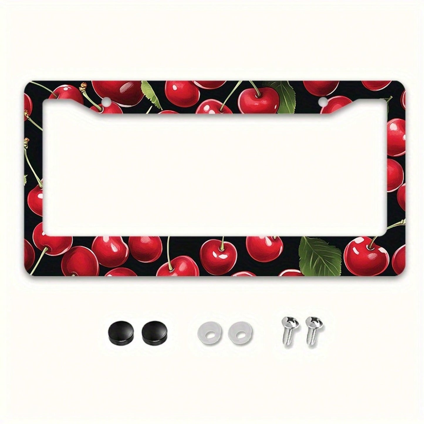 1pc Metal License Plate Frame, Red Cherry Pattern Decoration, Suitable For US And Most International Vehicles, Includes Mounting Screws, Car Decoration Accessory, Perfect For Adding Christmas Atmosphe