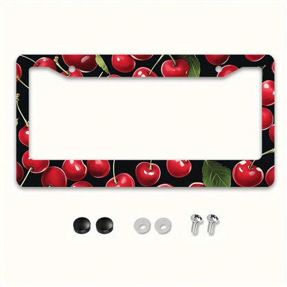 1pc Metal License Plate Frame, Red Cherry Pattern Decoration, Suitable For US And Most International Vehicles, Includes Mounting Screws, Car Decoration Accessory, Perfect For Adding Christmas Atmosphe