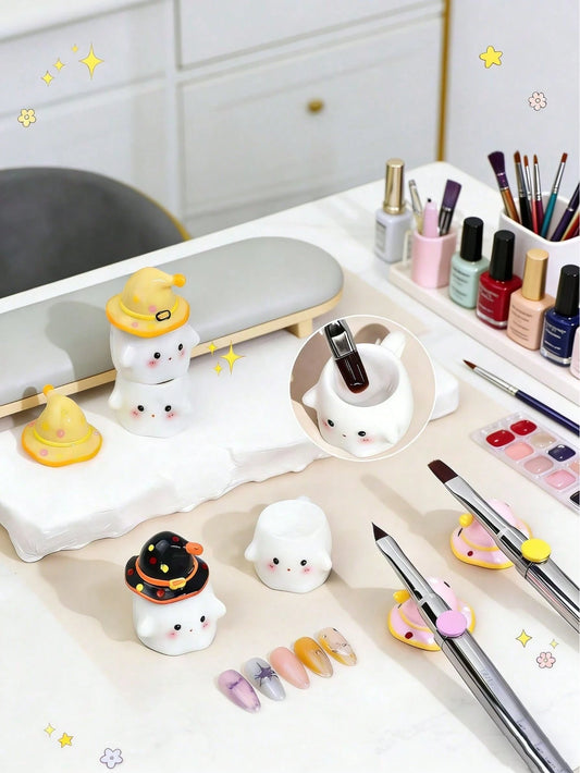 1pc Mini Nail Art Cleaning Cup, Portable Anti-Drop Cartoon Ghost Design Pen Cup, Cute Nail Art Photography Prop