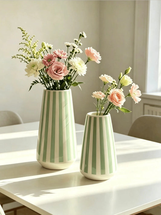 1pc Modern Green Striped Vase, Minimalist Geometric Design Desktop Vase, Suitable For Home Decor, Living Room Kitchen Windowsill Ornament, Creative Small Bouquet Flower Holder, Housewarming Gift, Home