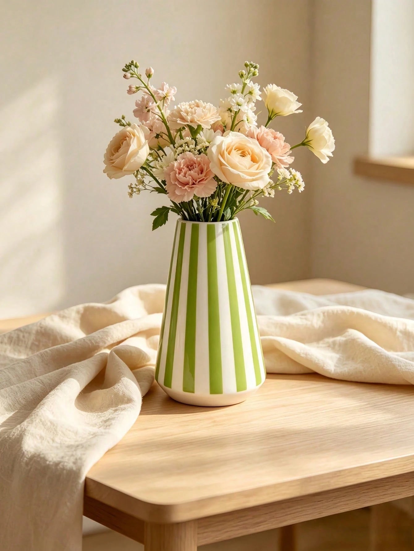 1pc Modern Green Striped Vase, Minimalist Geometric Design Desktop Vase, Suitable For Home Decor, Living Room Kitchen Windowsill Ornament, Creative Small Bouquet Flower Holder, Housewarming Gift, Home