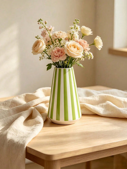 1pc Modern Green Striped Vase, Minimalist Geometric Design Desktop Vase, Suitable For Home Decor, Living Room Kitchen Windowsill Ornament, Creative Small Bouquet Flower Holder, Housewarming Gift, Home