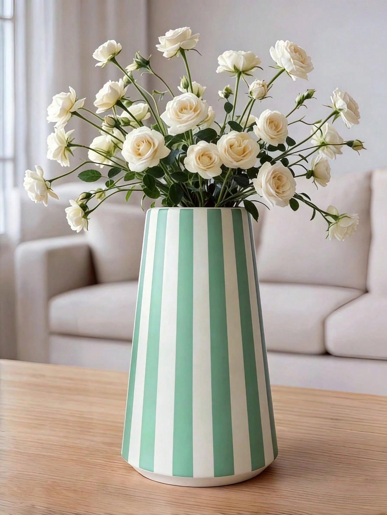 1pc Modern Green Striped Vase, Minimalist Geometric Design Desktop Vase, Suitable For Home Decor, Living Room Kitchen Windowsill Ornament, Creative Small Bouquet Flower Holder, Housewarming Gift, Home