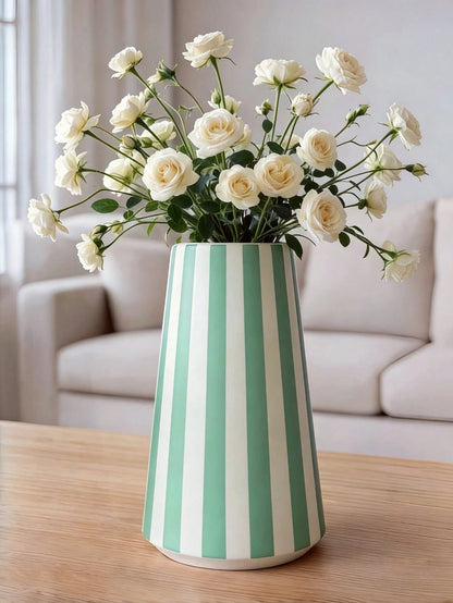 1pc Modern Green Striped Vase, Minimalist Geometric Design Desktop Vase, Suitable For Home Decor, Living Room Kitchen Windowsill Ornament, Creative Small Bouquet Flower Holder, Housewarming Gift, Home