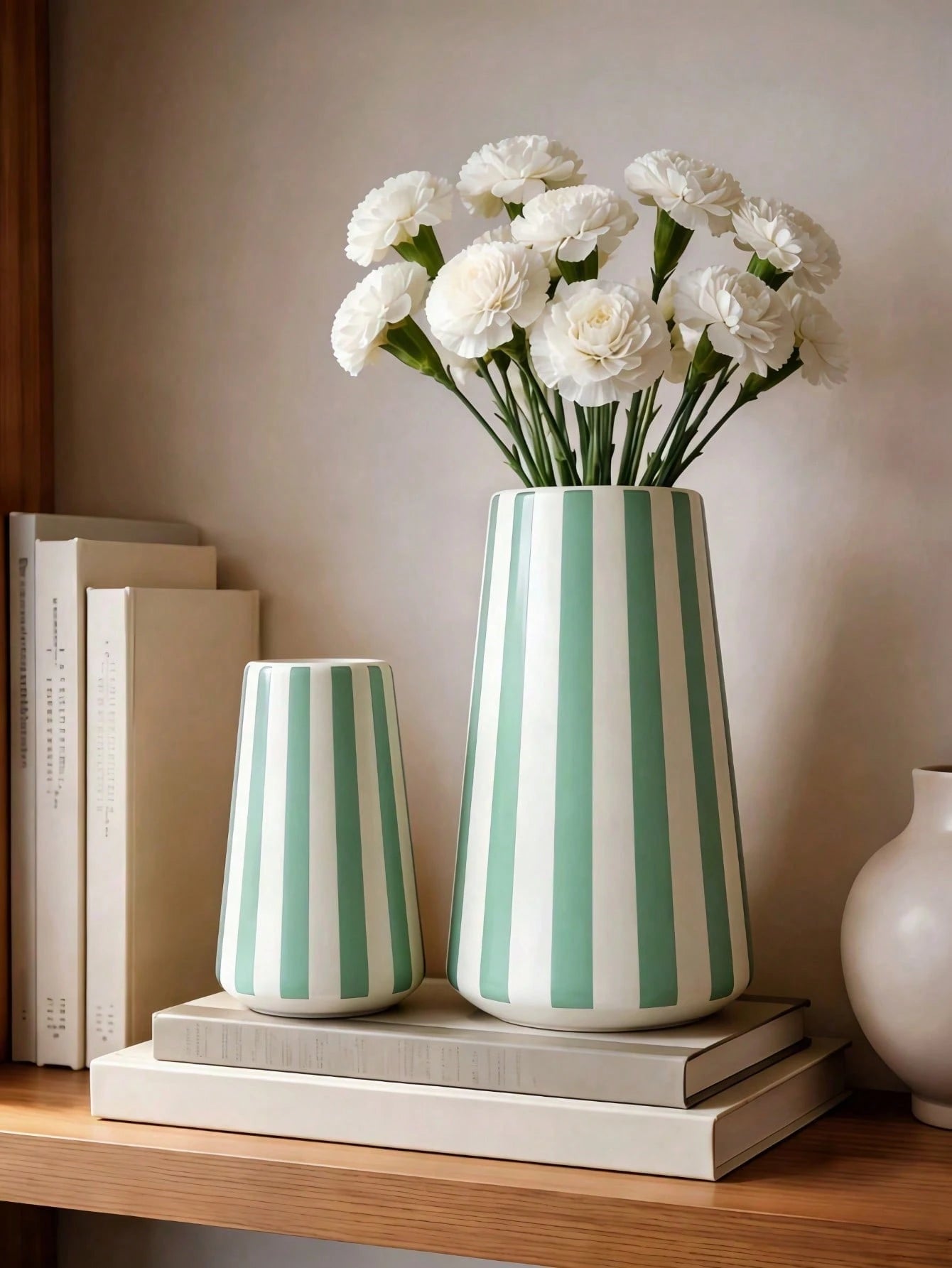 1pc Modern Green Striped Vase, Minimalist Geometric Design Desktop Vase, Suitable For Home Decor, Living Room Kitchen Windowsill Ornament, Creative Small Bouquet Flower Holder, Housewarming Gift, Home