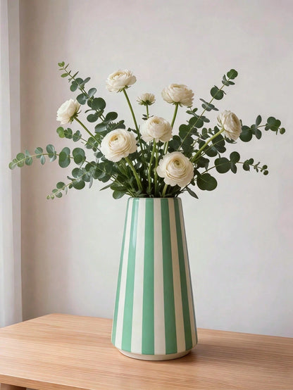 1pc Modern Green Striped Vase, Minimalist Geometric Design Desktop Vase, Suitable For Home Decor, Living Room Kitchen Windowsill Ornament, Creative Small Bouquet Flower Holder, Housewarming Gift, Home