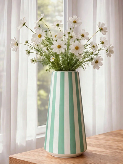 1pc Modern Green Striped Vase, Minimalist Geometric Design Desktop Vase, Suitable For Home Decor, Living Room Kitchen Windowsill Ornament, Creative Small Bouquet Flower Holder, Housewarming Gift, Home
