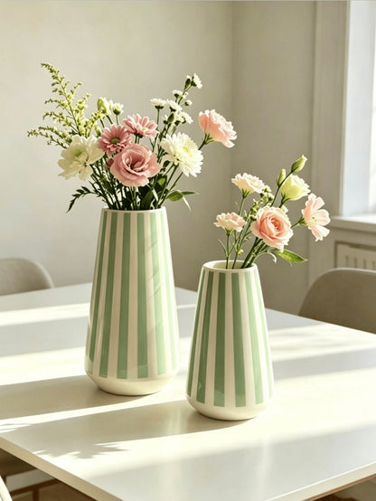 1pc Modern Green Striped Vase, Minimalist Geometric Design Desktop Vase, Suitable For Home Decor, Living Room Kitchen Windowsill Ornament, Creative Small Bouquet Flower Holder, Housewarming Gift, Home