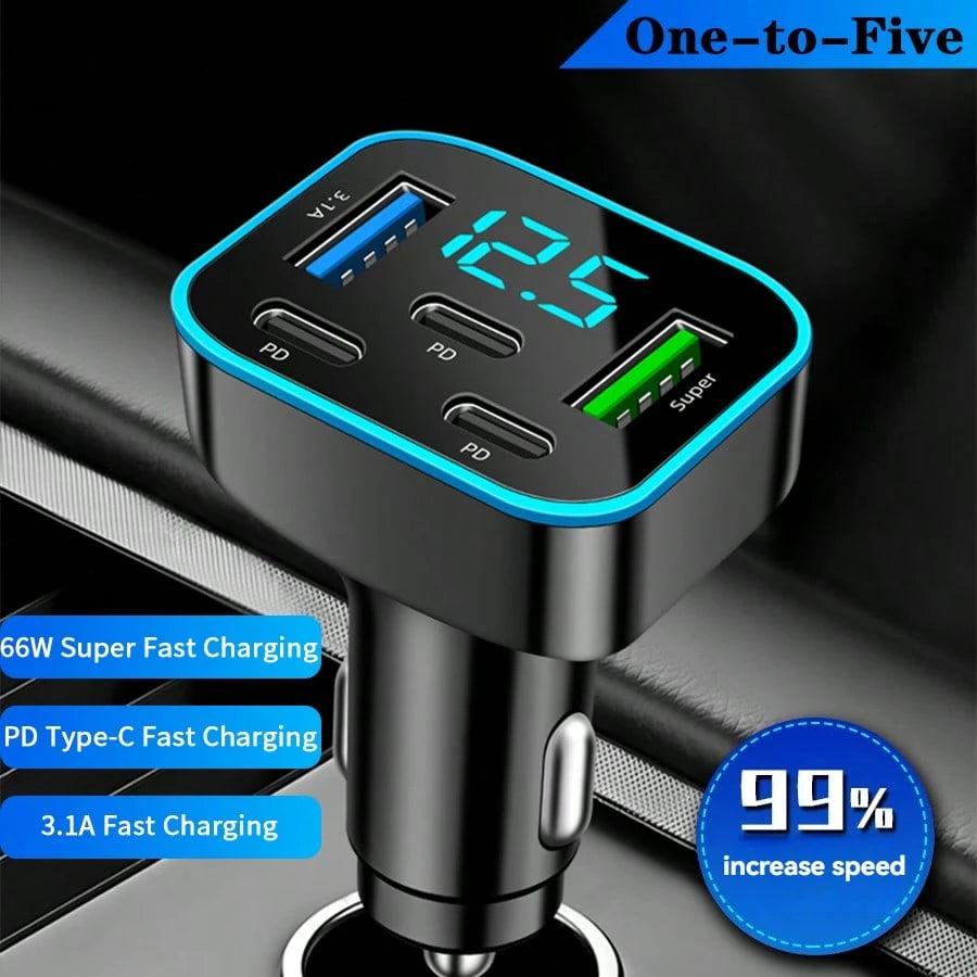 1pc Multi-Port 3PD 2USB Car Charger, Fast Charging PD QC3.0 USB C Car Phone Charger Type C Adapter| Supports Simultaneous Fast Charging For Multiple Devices, With Real-Time Digital Display