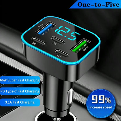 1pc Multi-Port 3PD 2USB Car Charger, Fast Charging PD QC3.0 USB C Car Phone Charger Type C Adapter| Supports Simultaneous Fast Charging For Multiple Devices, With Real-Time Digital Display