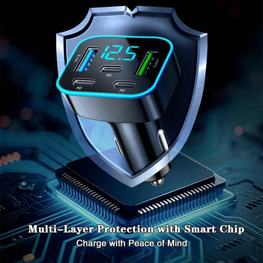 1pc Multi-Port 3PD 2USB Car Charger, Fast Charging PD QC3.0 USB C Car Phone Charger Type C Adapter| Supports Simultaneous Fast Charging For Multiple Devices, With Real-Time Digital Display
