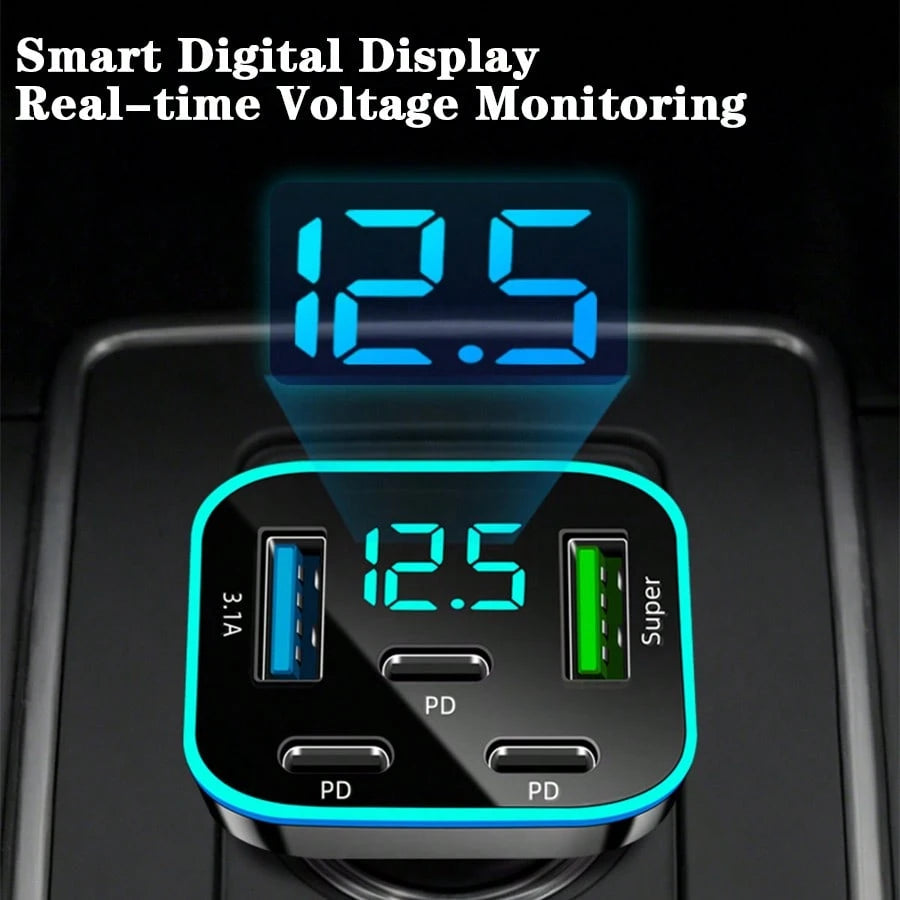 1pc Multi-Port 3PD 2USB Car Charger, Fast Charging PD QC3.0 USB C Car Phone Charger Type C Adapter| Supports Simultaneous Fast Charging For Multiple Devices, With Real-Time Digital Display