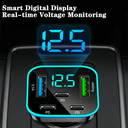 1pc Multi-Port 3PD 2USB Car Charger, Fast Charging PD QC3.0 USB C Car Phone Charger Type C Adapter| Supports Simultaneous Fast Charging For Multiple Devices, With Real-Time Digital Display