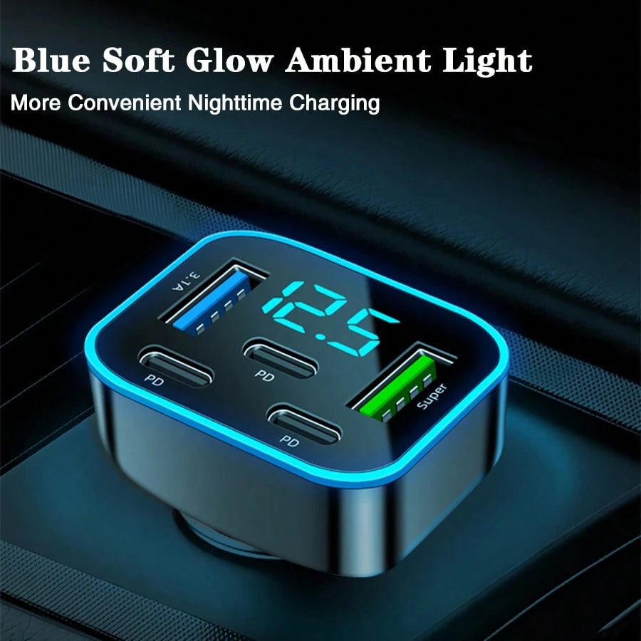 1pc Multi-Port 3PD 2USB Car Charger, Fast Charging PD QC3.0 USB C Car Phone Charger Type C Adapter| Supports Simultaneous Fast Charging For Multiple Devices, With Real-Time Digital Display