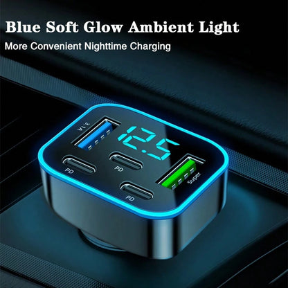 1pc Multi-Port 3PD 2USB Car Charger, Fast Charging PD QC3.0 USB C Car Phone Charger Type C Adapter| Supports Simultaneous Fast Charging For Multiple Devices, With Real-Time Digital Display