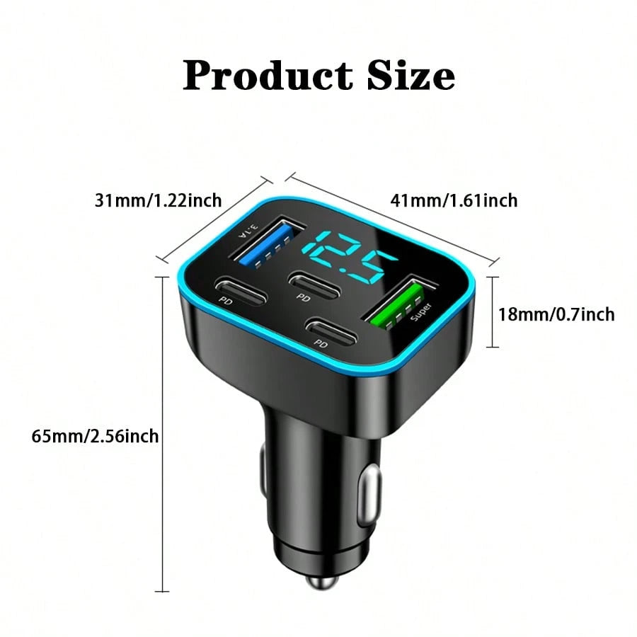 1pc Multi-Port 3PD 2USB Car Charger, Fast Charging PD QC3.0 USB C Car Phone Charger Type C Adapter| Supports Simultaneous Fast Charging For Multiple Devices, With Real-Time Digital Display