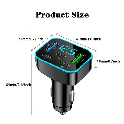 1pc Multi-Port 3PD 2USB Car Charger, Fast Charging PD QC3.0 USB C Car Phone Charger Type C Adapter| Supports Simultaneous Fast Charging For Multiple Devices, With Real-Time Digital Display