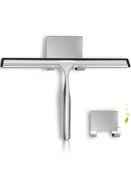 1pc Multi-Purpose Stainless Steel Shower Squeegee, Suitable For Shower Glass Doors, With Adhesive Hook, Bathroom Cleaning Tool, Home Window Mirror Squeegee, Cleaning Tile Walls, Cars, 10 Inch Home Bat