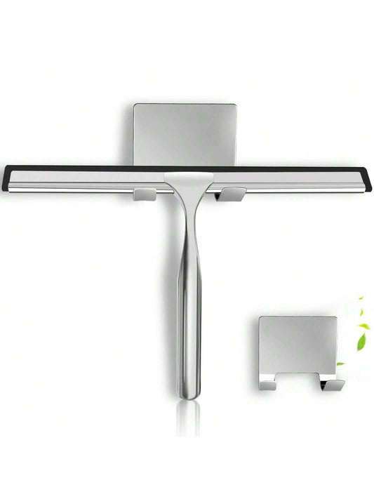 1pc Multi-Purpose Stainless Steel Shower Squeegee, Suitable For Shower Glass Doors, With Adhesive Hook, Bathroom Cleaning Tool, Home Window Mirror Squeegee, Cleaning Tile Walls, Cars, 10 Inch Home Bat