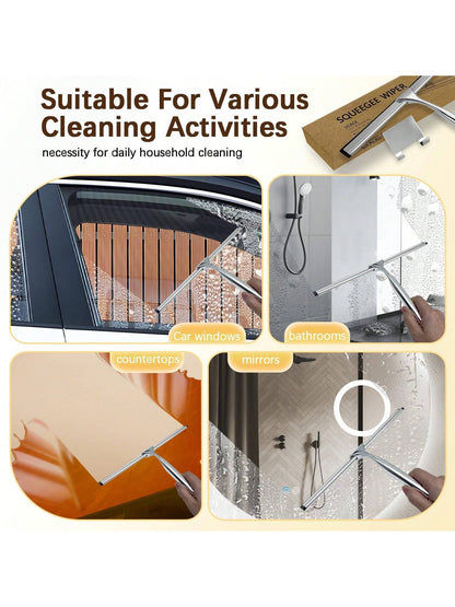 1pc Multi-Purpose Stainless Steel Shower Squeegee, Suitable For Shower Glass Doors, With Adhesive Hook, Bathroom Cleaning Tool, Home Window Mirror Squeegee, Cleaning Tile Walls, Cars, 10 Inch Home Bat