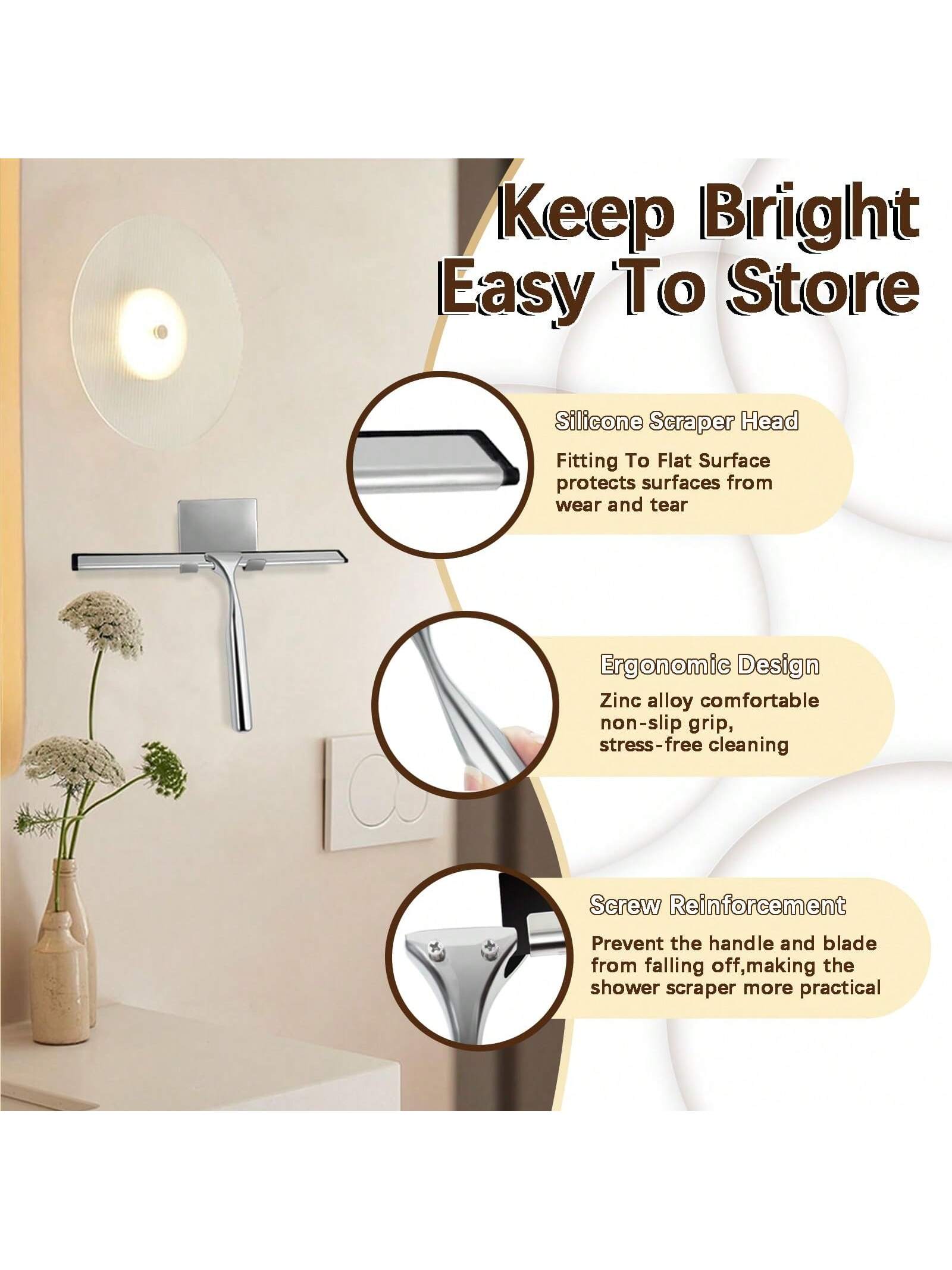 1pc Multi-Purpose Stainless Steel Shower Squeegee, Suitable For Shower Glass Doors, With Adhesive Hook, Bathroom Cleaning Tool, Home Window Mirror Squeegee, Cleaning Tile Walls, Cars, 10 Inch Home Bat