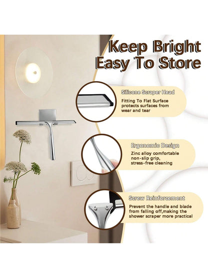 1pc Multi-Purpose Stainless Steel Shower Squeegee, Suitable For Shower Glass Doors, With Adhesive Hook, Bathroom Cleaning Tool, Home Window Mirror Squeegee, Cleaning Tile Walls, Cars, 10 Inch Home Bat