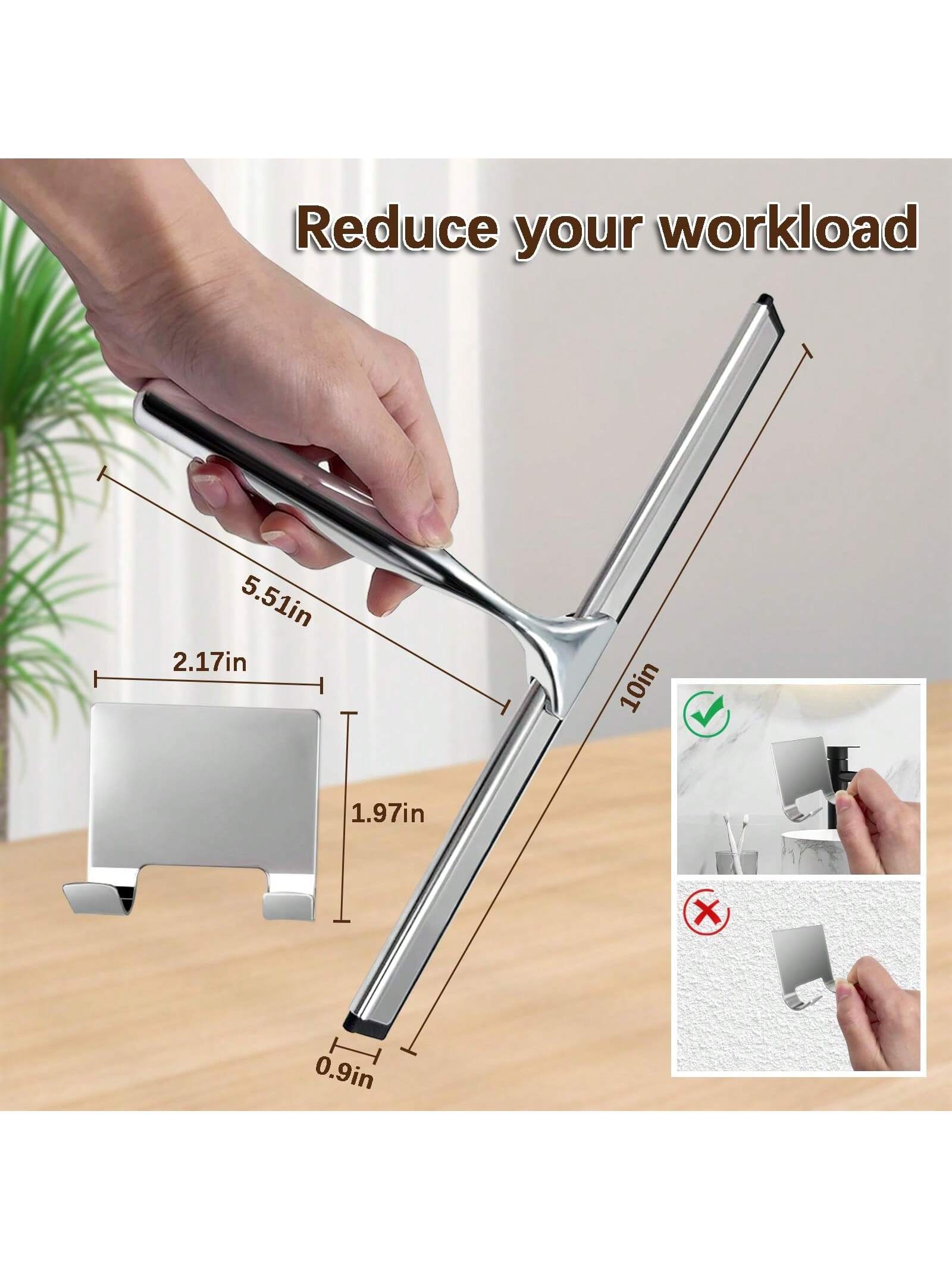 1pc Multi-Purpose Stainless Steel Shower Squeegee, Suitable For Shower Glass Doors, With Adhesive Hook, Bathroom Cleaning Tool, Home Window Mirror Squeegee, Cleaning Tile Walls, Cars, 10 Inch Home Bat