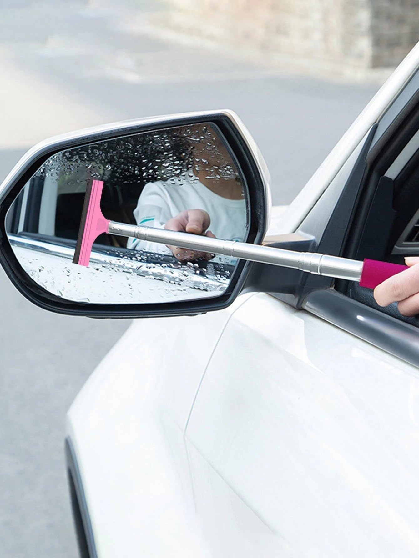 1pc Multifunctional Car Rearview Mirror Telescopic Squeegee (Pink)