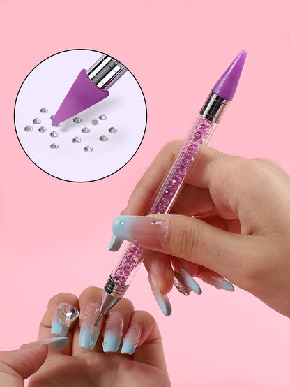 1Pc Nail Art Rhinestone Picker Wax Pen With Self-Adhesive & Dual Heads For Diy Jewelry Making, Purple Dotting Pen Tool Nail Art Tip Dot Paint Manicure