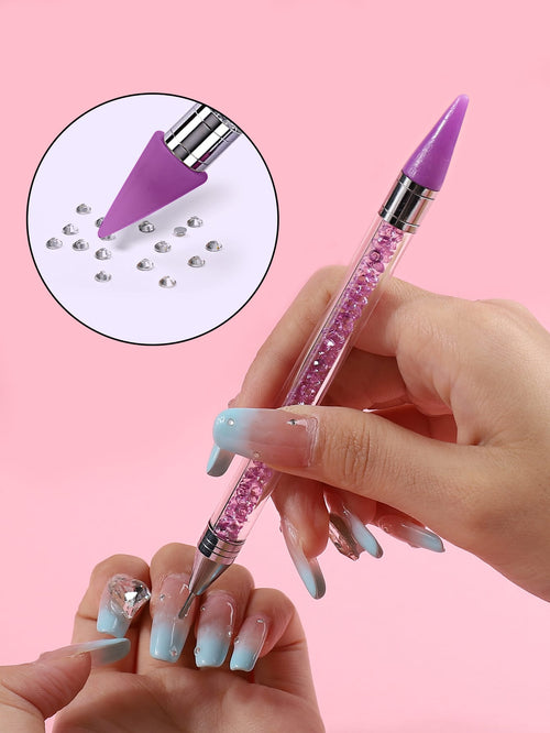 1Pc Nail Art Rhinestone Picker Wax Pen With Self-Adhesive & Dual Heads For Diy Jewelry Making, Purple Dotting Pen Tool Nail Art Tip Dot Paint Manicure