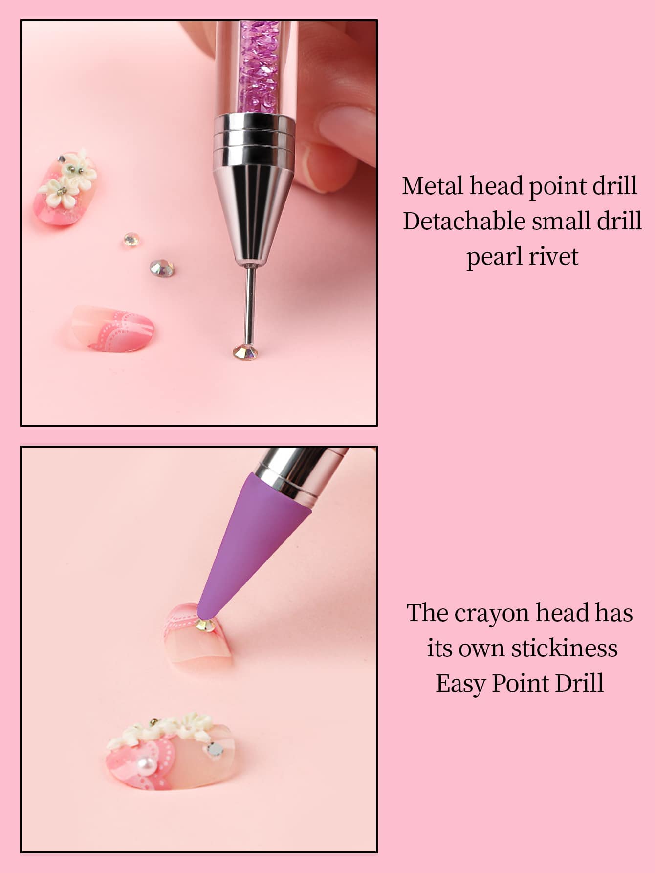 1Pc Nail Art Rhinestone Picker Wax Pen With Self-Adhesive & Dual Heads For Diy Jewelry Making, Purple Dotting Pen Tool Nail Art Tip Dot Paint Manicure